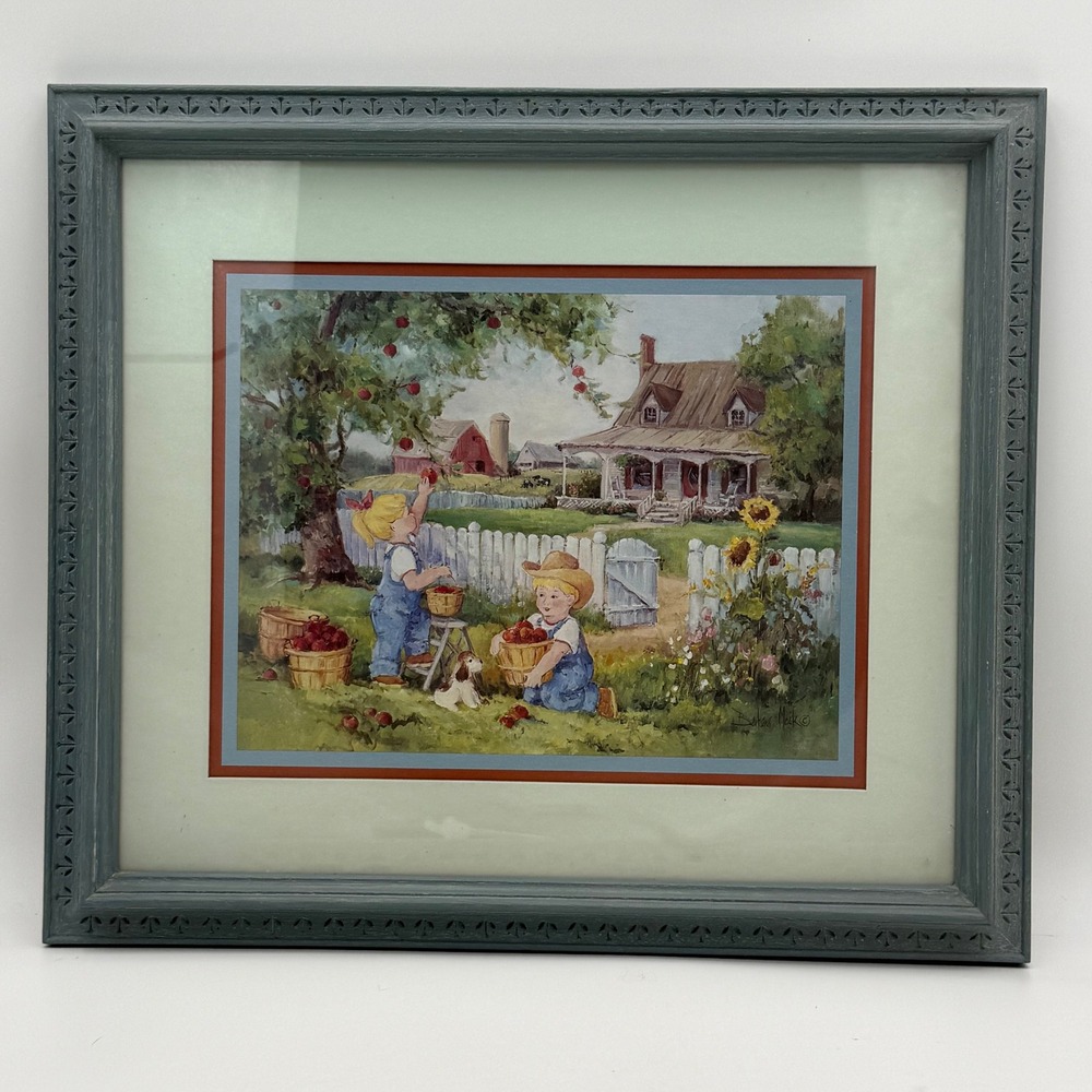 Susan Mack Apple Picking Children Farmhouse Framed Art Print Country Decor 15x13